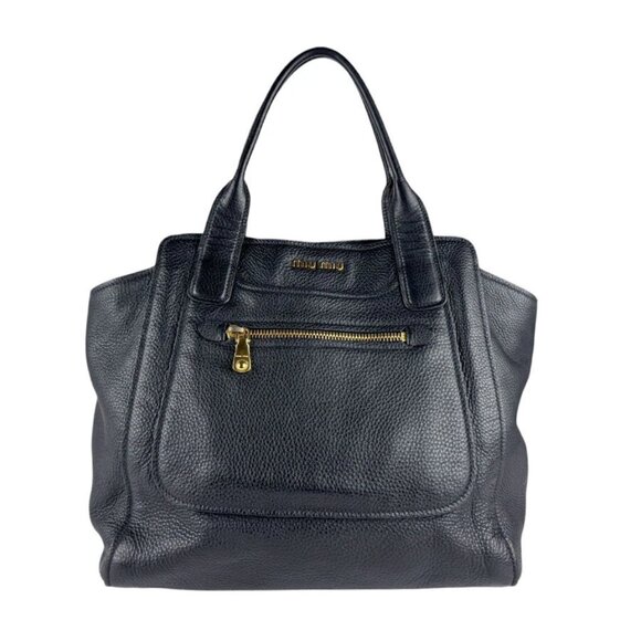 Auth MIUMIU Handbag Black Leather/Goldtone